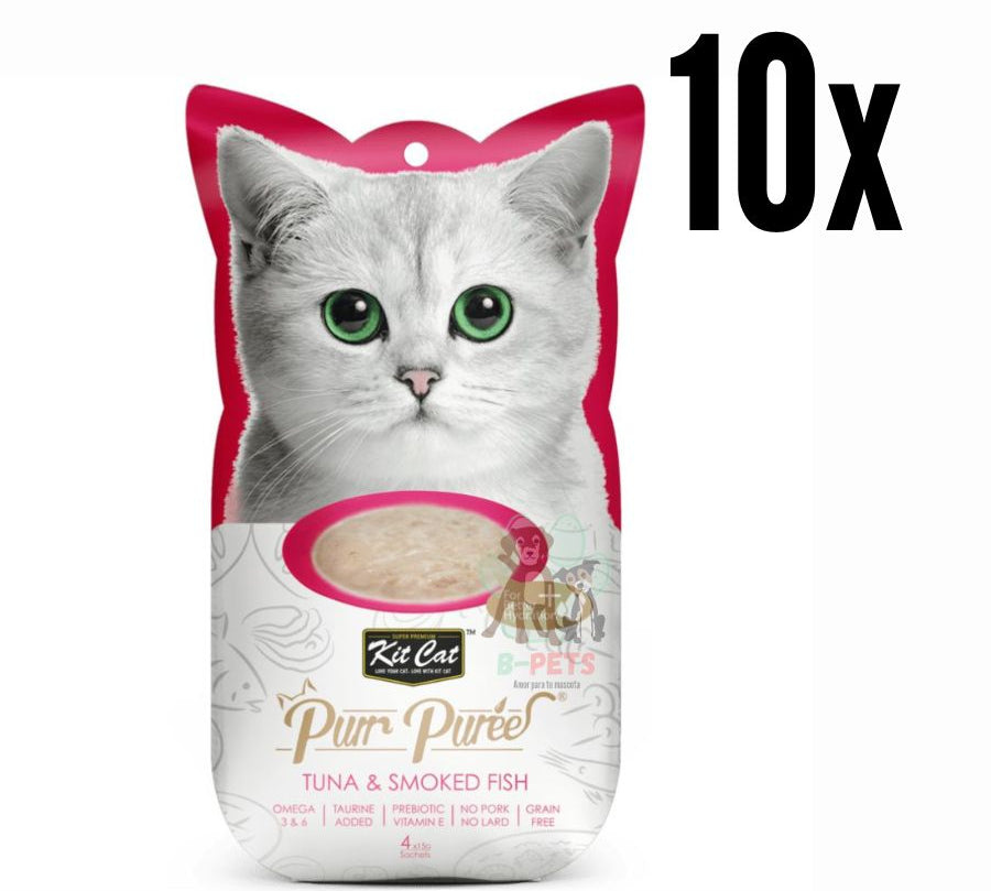 Pack 10x Kit Cat Purr Puree Atún y Pescado Ahumado: Snack cremoso para gatos desde 2 meses. Rico en Omega 3 y 6, natural y sin cereales. Sabroso complemento diario.