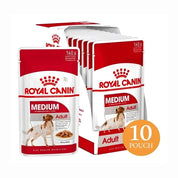Pack 10x Royal Canin Medium Adult Pouch: Alimento húmedo para perros adultos de raza mediana. Ofrece energía adaptada, apoya la salud digestiva y del pelaje, y refuerza las defensas naturales.