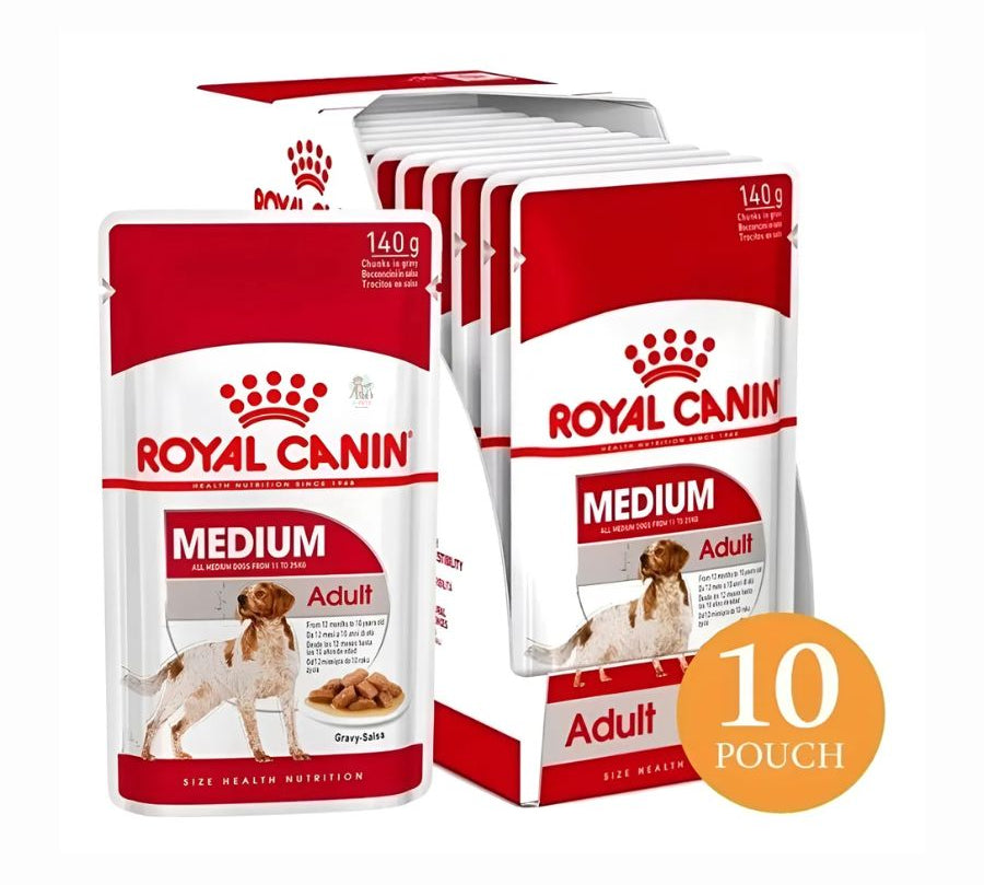 Pack 10x Royal Canin Medium Adult Pouch: Alimento húmedo para perros adultos de raza mediana. Ofrece energía adaptada, apoya la salud digestiva y del pelaje, y refuerza las defensas naturales.