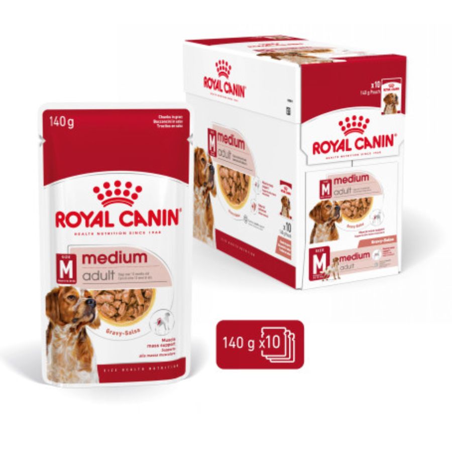 Pack 10x Royal Canin Medium Adult Pouch: Alimento húmedo para perros adultos de raza mediana. Ofrece energía adaptada, apoya la salud digestiva y del pelaje, y refuerza las defensas naturales.