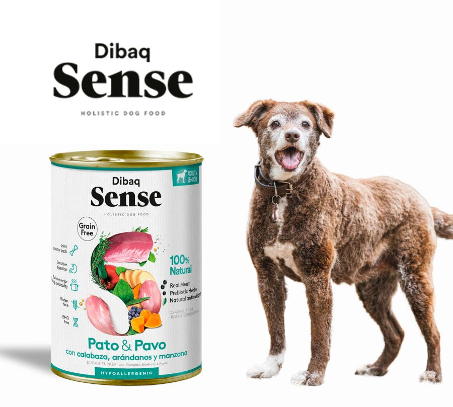 Pack 12x Dibaq Sense Lata para Perros Senior Pato y Pavo Light alimento húmedo natural, bajo en calorías, ideal para perros mayores o con sobrepeso.