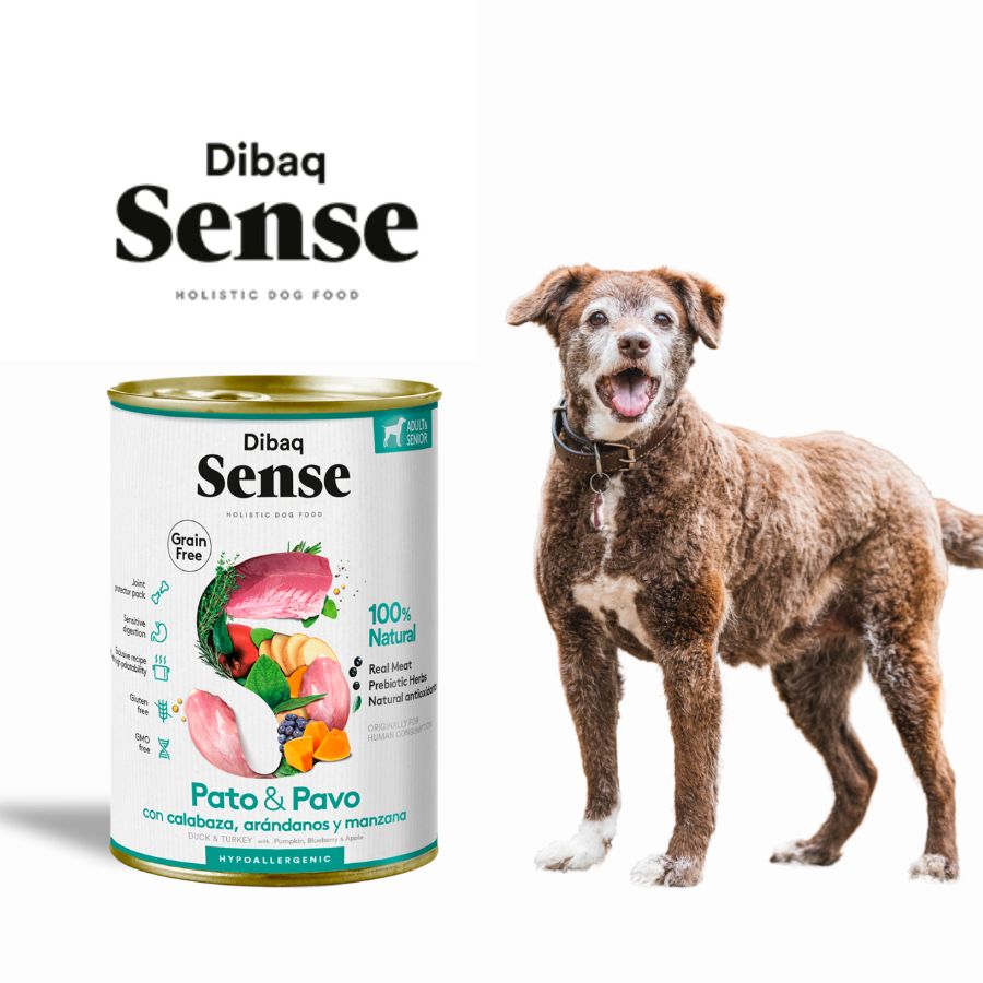 Pack 12x Dibaq Sense Lata para Perros Senior Pato y Pavo Light alimento húmedo natural, bajo en calorías, ideal para perros mayores o con sobrepeso.