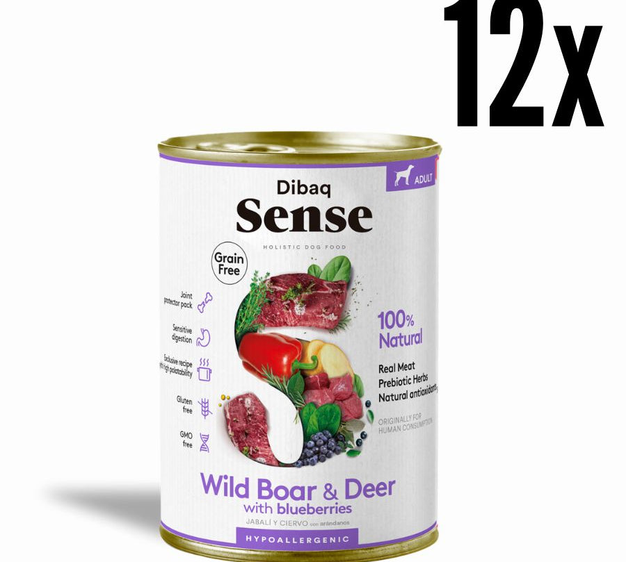 Pack 12x Dibaq Sense Alimento Húmedo Ciervo & Jabalí Lata, receta natural grain free con carnes frescas, antioxidantes y protectores articulares.