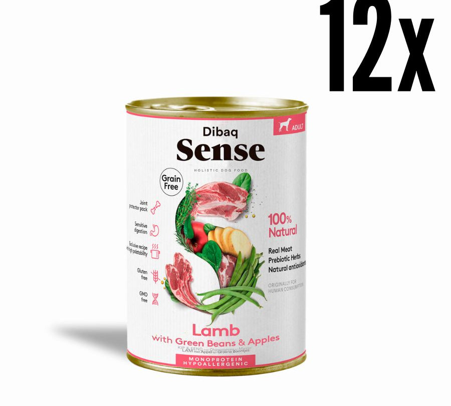 Pack 12x Dibaq Sense Alimento Húmedo Cordero Lata, receta monoproteica grain free con cordero fresco, antioxidantes y protectores articulares.