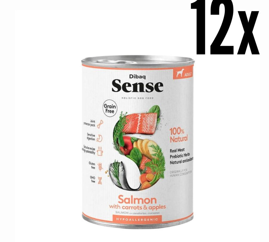 Pack 12x Dibaq Sense Alimento Húmedo Salmón Lata, receta grain free con salmón fresco, protectores articulares y antioxidantes naturales.