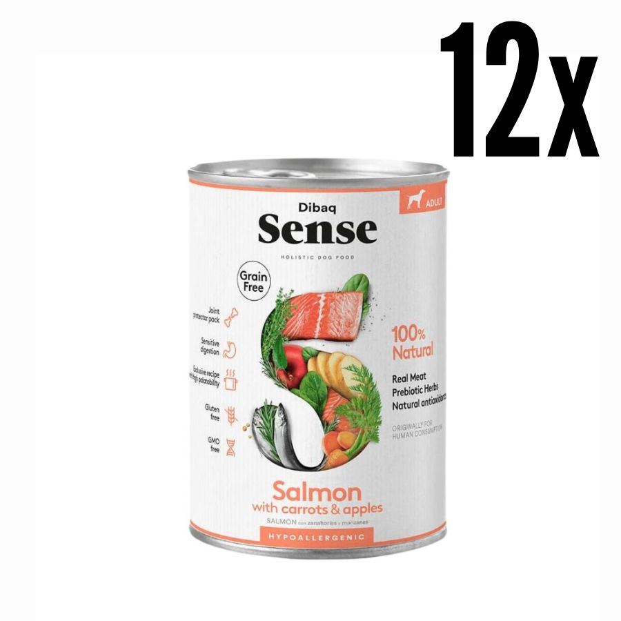 Pack 12x Dibaq Sense Alimento Húmedo Salmón Lata, receta grain free con salmón fresco, protectores articulares y antioxidantes naturales.