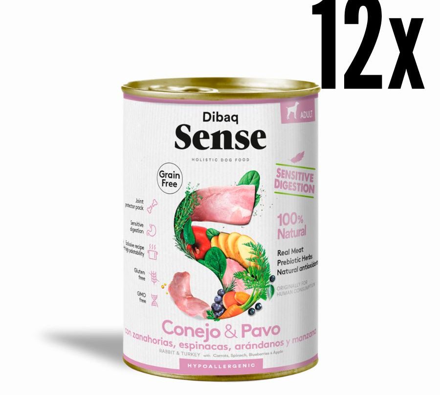 Pack 12x Dibaq Sense Lata para Perros Conejo y Pavo alimento húmedo natural, hipoalergénico y fácil de digerir, ideal para perros adultos con estómagos sensibles.