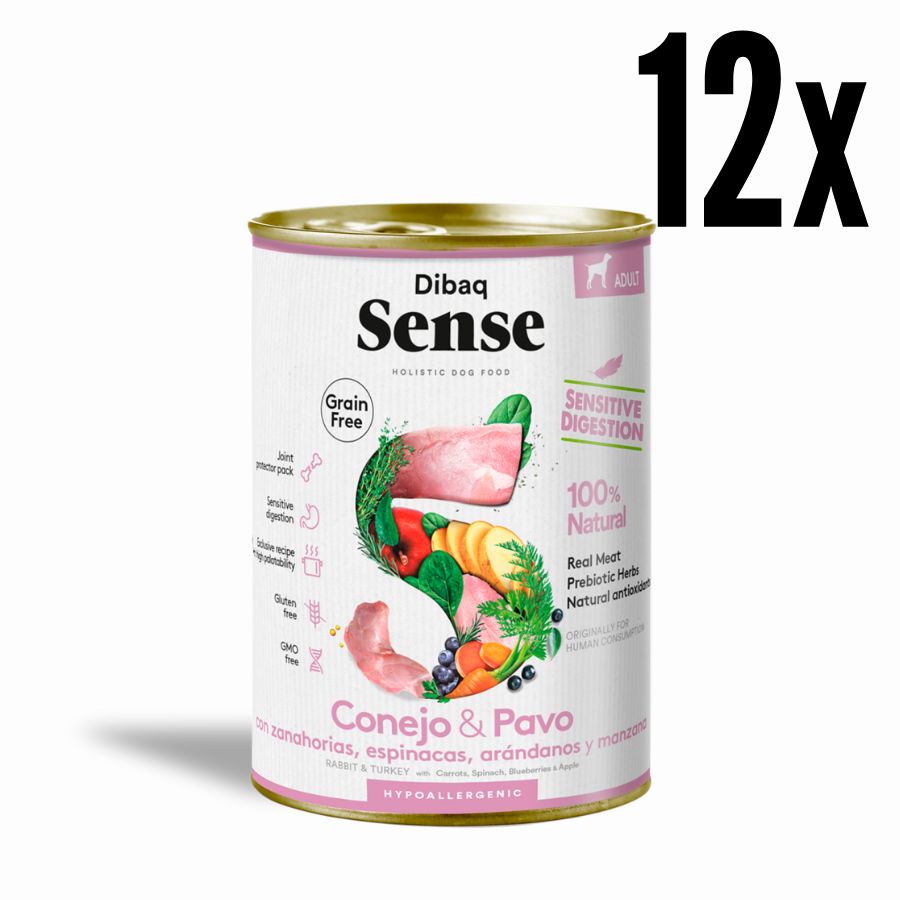 Pack 12x Dibaq Sense Lata para Perros Conejo y Pavo alimento húmedo natural, hipoalergénico y fácil de digerir, ideal para perros adultos con estómagos sensibles.