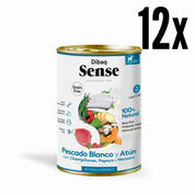Pack 12x Dibaq Sense Lata para Perros Merluza y Atún receta hipoalergénica sin carne ni cereales, ideal para perros con digestión sensible.