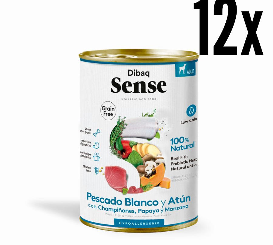 Pack 12x Dibaq Sense Lata para Perros Merluza y Atún receta hipoalergénica sin carne ni cereales, ideal para perros con digestión sensible.