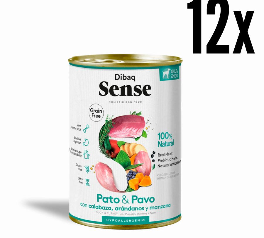 Pack 12x Dibaq Sense Lata para Perros Senior Pato y Pavo Light alimento húmedo natural, bajo en calorías, ideal para perros mayores o con sobrepeso.