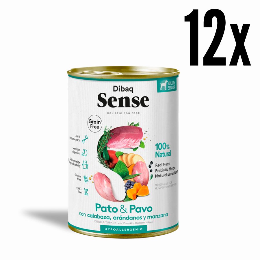 Pack 12x Dibaq Sense Lata para Perros Senior Pato y Pavo Light alimento húmedo natural, bajo en calorías, ideal para perros mayores o con sobrepeso.