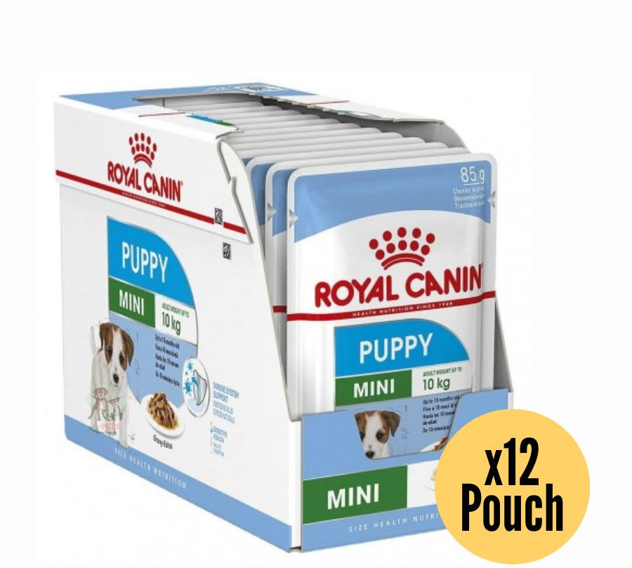 Pack 12x Royal Canin Mini Puppy Pouch: Alimento húmedo para cachorros de razas pequeñas. Favorece crecimiento, inmunidad y digestión. Alta energía y nutrientes esenciales.