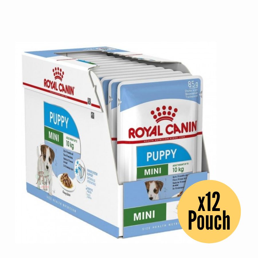 Pack 12x Royal Canin Mini Puppy Pouch: Alimento húmedo para cachorros de razas pequeñas. Favorece crecimiento, inmunidad y digestión. Alta energía y nutrientes esenciales.