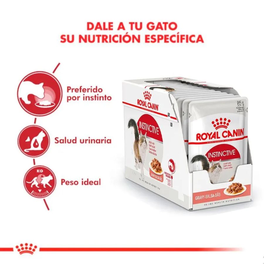 Pack 12x Royal Canin Pouch Gato Adulto Instinctive: Alimento húmedo para gatos adultos desde 12 meses. Soporte urinario, control de peso y alta palatabilidad.