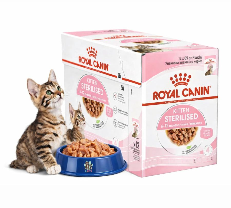 Pack 12x Royal Canin Kitten Sterilised Pouch: Alimento húmedo para gatitos esterilizados de 4 a 12 meses.