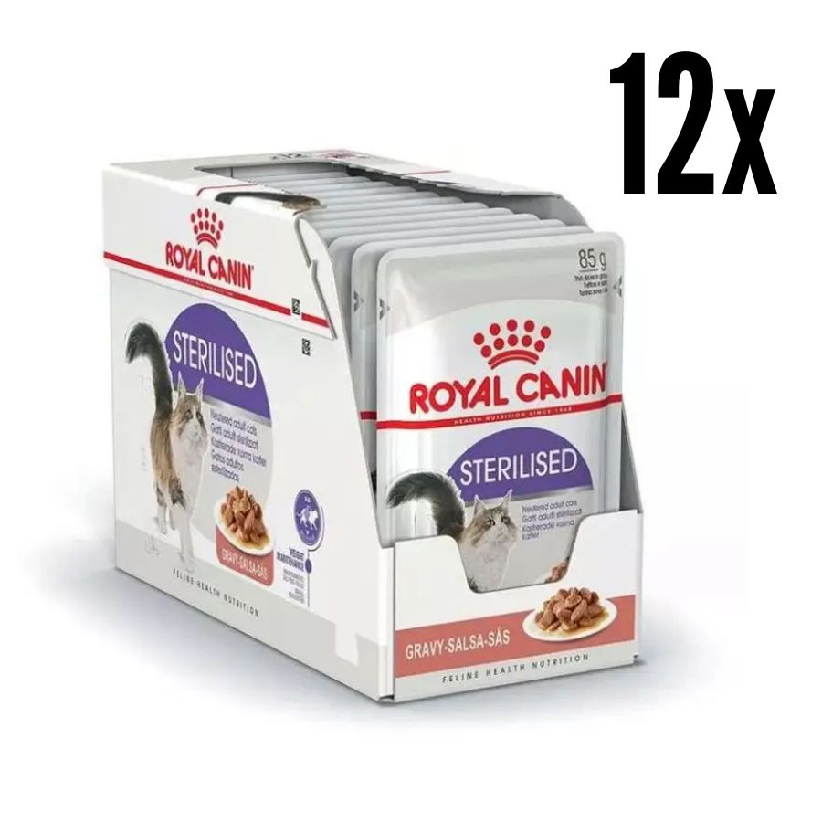 Pack 12x Royal Canin Pouch Sterilised Adulto 85gr, comida húmeda en gelatina para gatos esterilizados. Mantiene el peso ideal y promueve la salud urinaria.