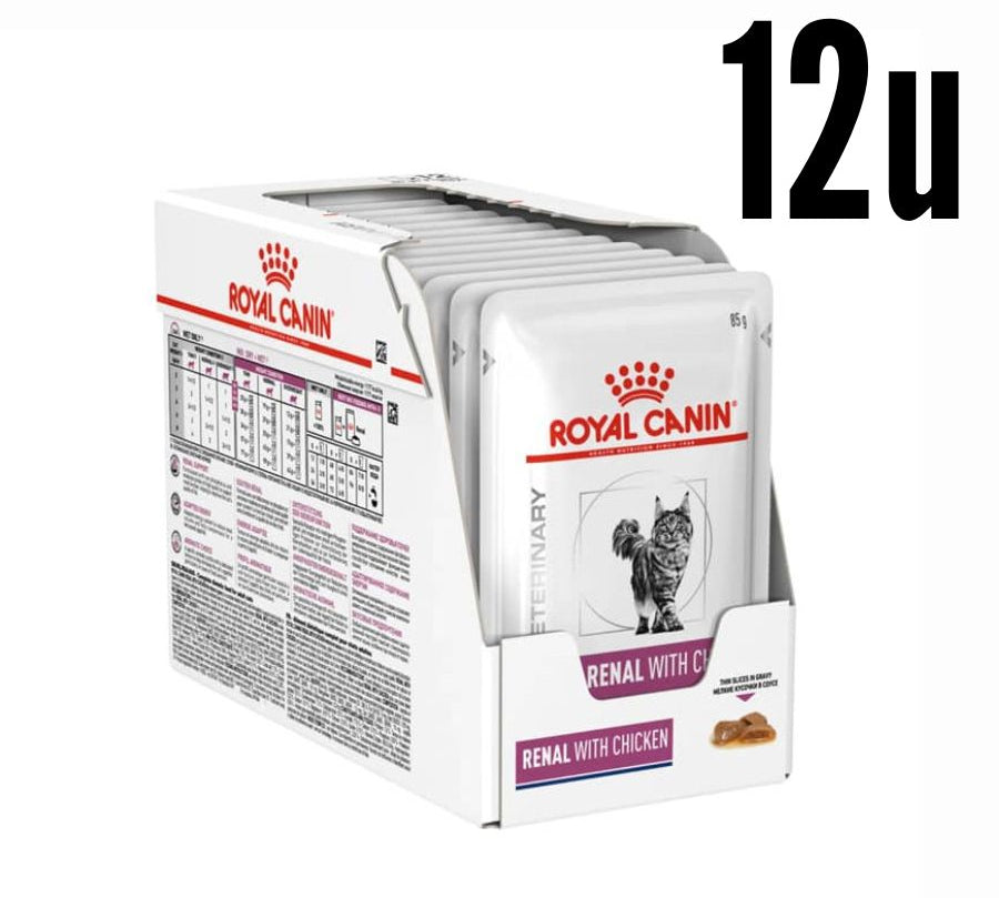 Pack 12x Royal Canin Renal con Pollo Pouch, ideal para gatos con insuficiencia renal. Baja carga renal, alta digestibilidad y sabor irresistible.