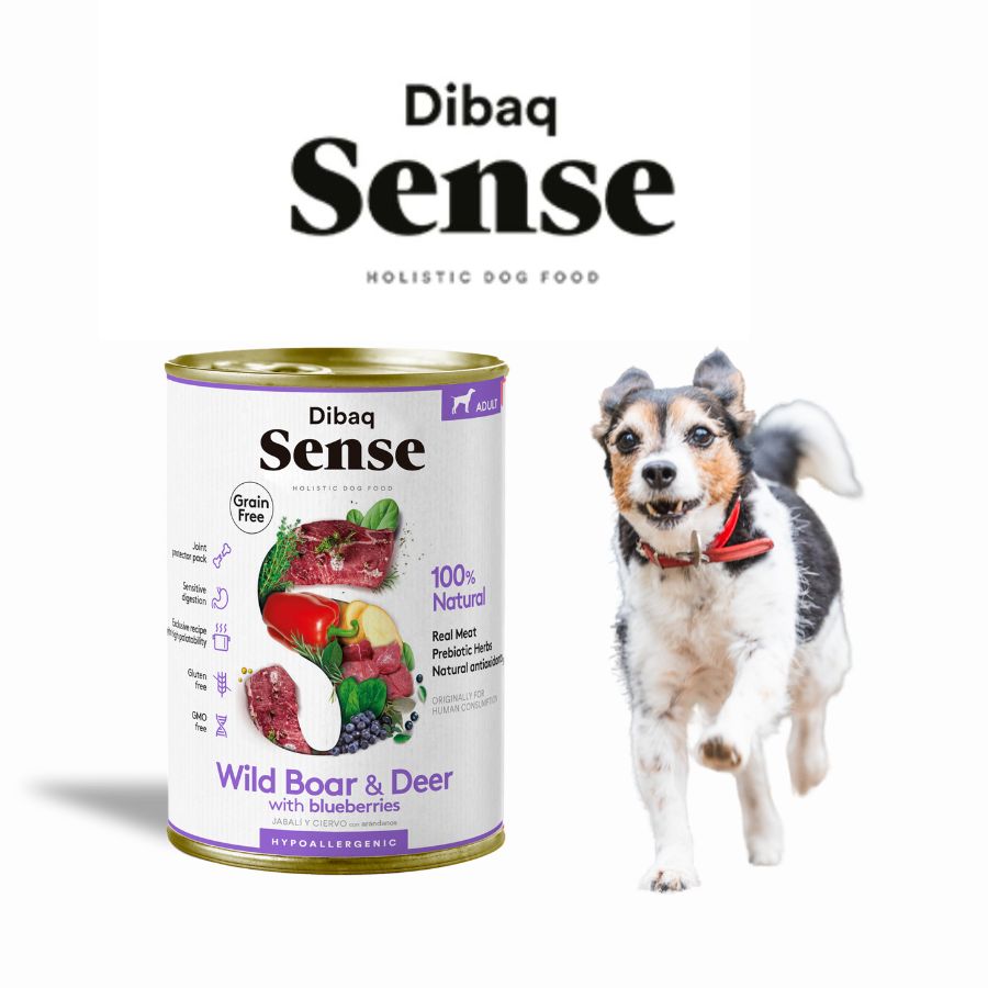 Pack 12x Dibaq Sense Alimento Húmedo Ciervo & Jabalí Lata, receta natural grain free con carnes frescas, antioxidantes y protectores articulares.