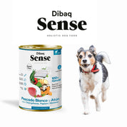 Pack 12x Dibaq Sense Lata para Perros Merluza y Atún receta hipoalergénica sin carne ni cereales, ideal para perros con digestión sensible.