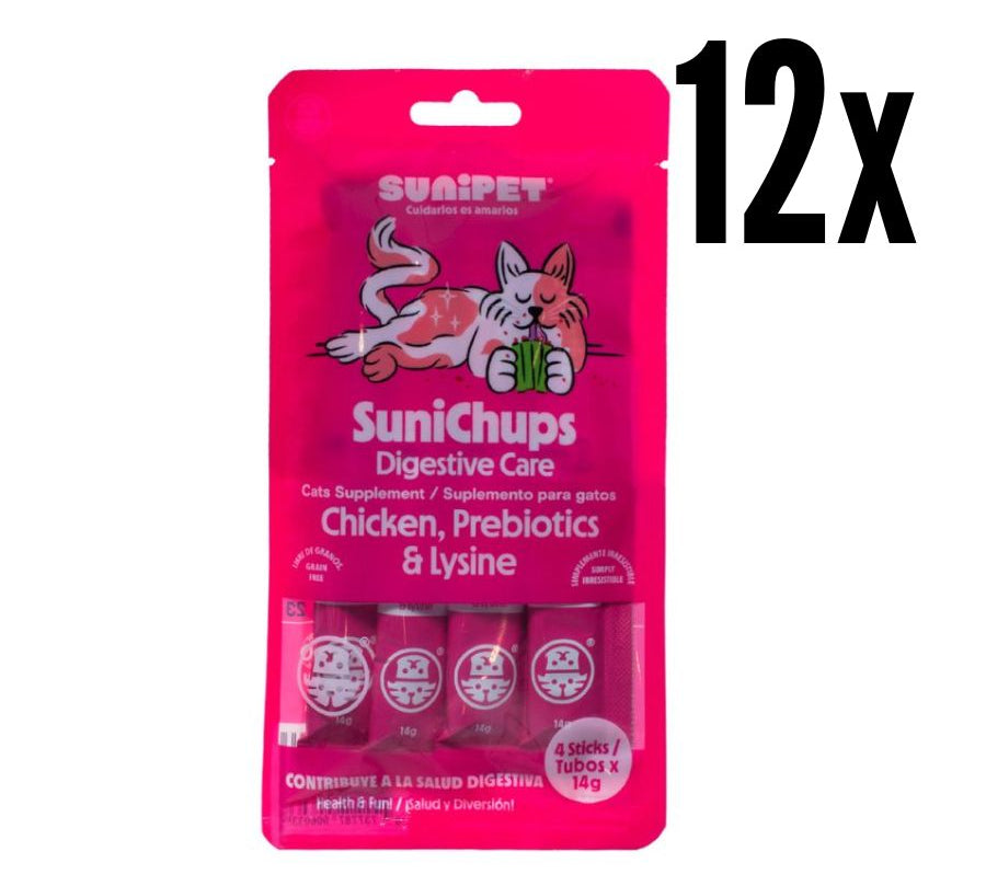 Pack 12x SuniChups Cuidado Digestivo Snack Funcional para Gatos, cremoso sabor pollo con probióticos y prebióticos para una digestión saludable.