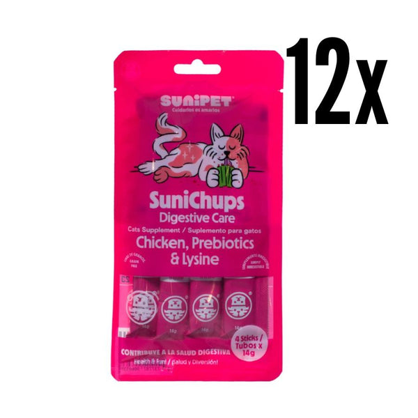 Pack 12x SuniChups Cuidado Digestivo Snack Funcional para Gatos, cremoso sabor pollo con probióticos y prebióticos para una digestión saludable.