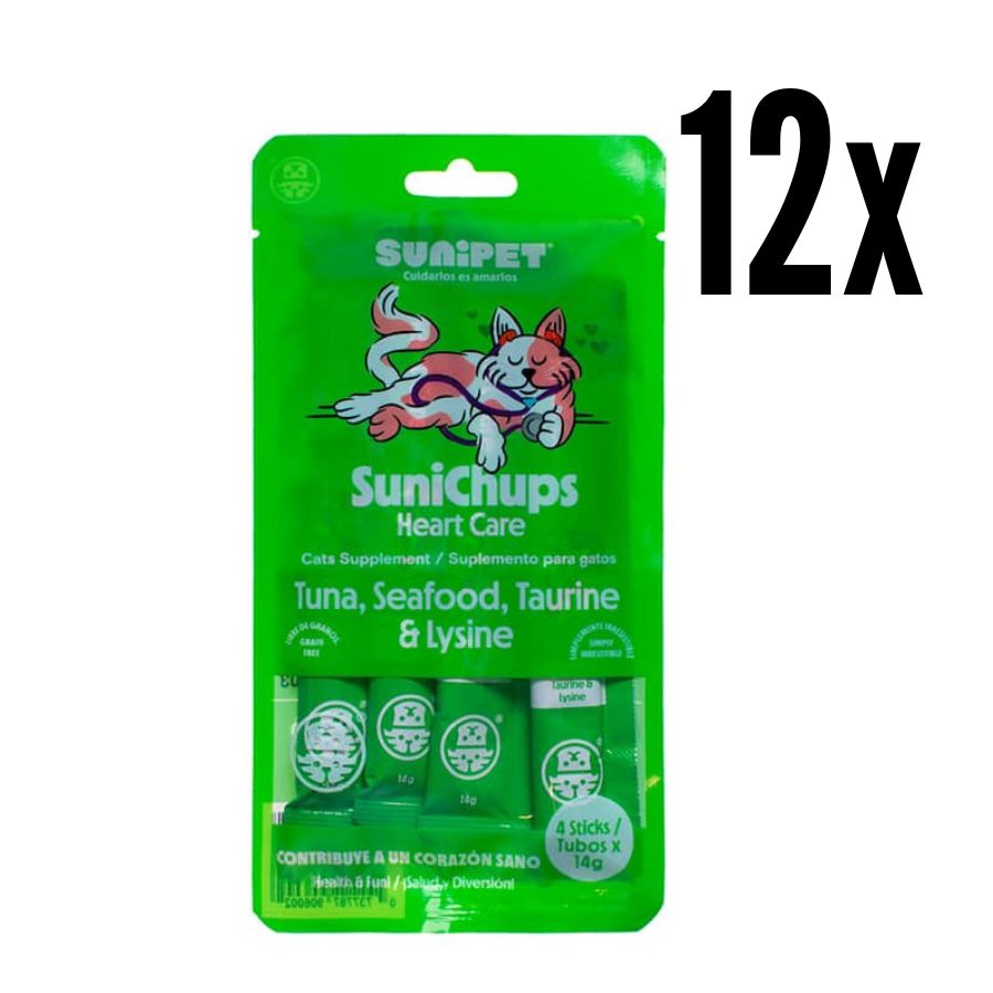 Pack 12x SuniChups Heart Care Snack Funcional para Gatos suplemento cremoso con taurina y omega 3, apoyo cardiovascular, natural y sin granos.