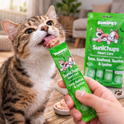Pack 12x SuniChups Heart Care Snack Funcional para Gatos suplemento cremoso con taurina y omega 3, apoyo cardiovascular, natural y sin granos.