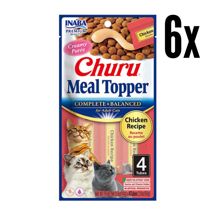 Pack 6x Churu Meal Topper Sabor Pollo, alimento húmedo completo para gatos, textura cremosa, sin granos, y con 85% de humedad para una mejor hidratación.