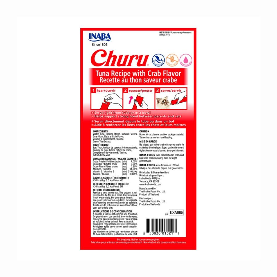 Pack 6x Churu Sabor Atún y Cangrejo es un snack cremoso y saludable para gatos, con ingredientes de grado humano, sin granos ni aditivos artificiales.