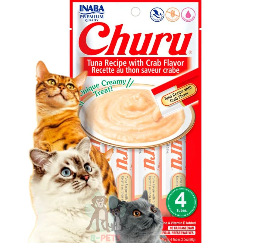 Pack 6x Churu Sabor Atún y Cangrejo es un snack cremoso y saludable para gatos, con ingredientes de grado humano, sin granos ni aditivos artificiales.
