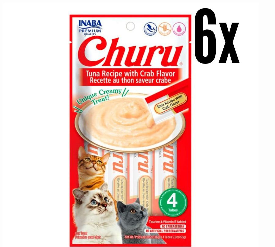 Pack 6x Churu Sabor Atún y Cangrejo es un snack cremoso y saludable para gatos, con ingredientes de grado humano, sin granos ni aditivos artificiales.