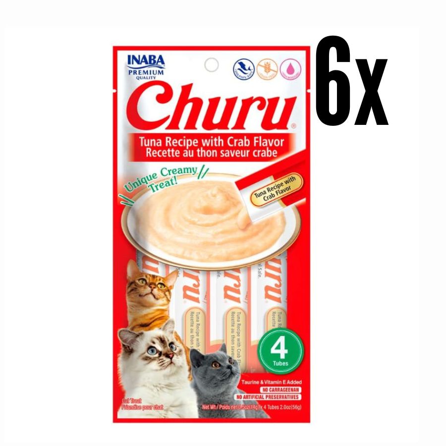 Pack 6x Churu Sabor Atún y Cangrejo es un snack cremoso y saludable para gatos, con ingredientes de grado humano, sin granos ni aditivos artificiales.