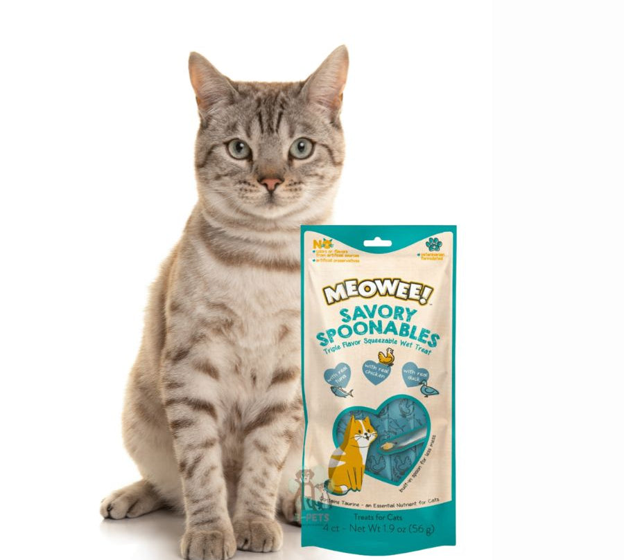 Pack 6x Meowee Atún, Pollo y Pato, snack cremoso con cuchara incluida. Ideal para compartir con tu gato. Enriquecido con taurina y vitaminas esenciales.