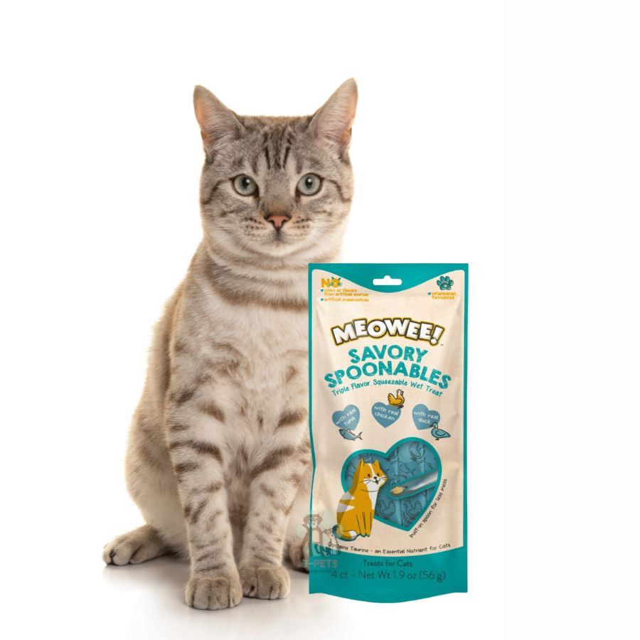 Pack 6x Meowee Atún, Pollo y Pato, snack cremoso con cuchara incluida. Ideal para compartir con tu gato. Enriquecido con taurina y vitaminas esenciales.