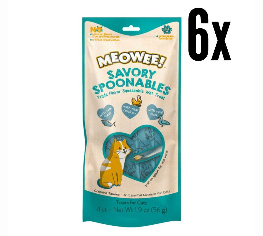 Pack 6x Meowee Atún, Pollo y Pato, snack cremoso con cuchara incluida. Ideal para compartir con tu gato. Enriquecido con taurina y vitaminas esenciales.