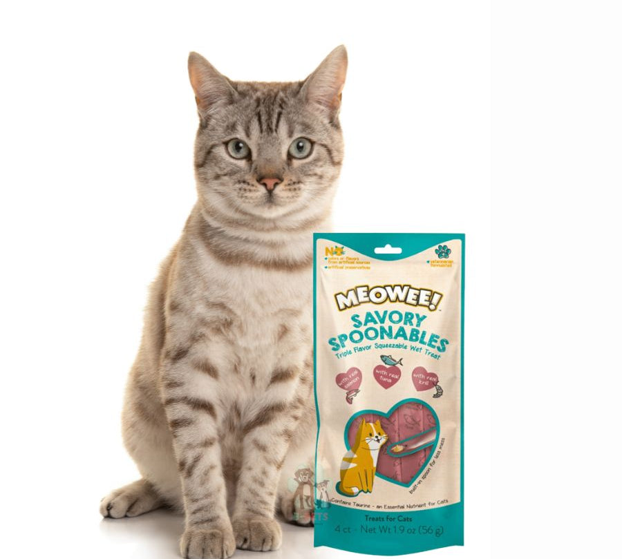 Pack 6x Meowee Salmon, Atun y Camaron, golosina cremosa con cuchara incluida. Triple sabor, enriquecida con taurina y sin ingredientes artificiales.