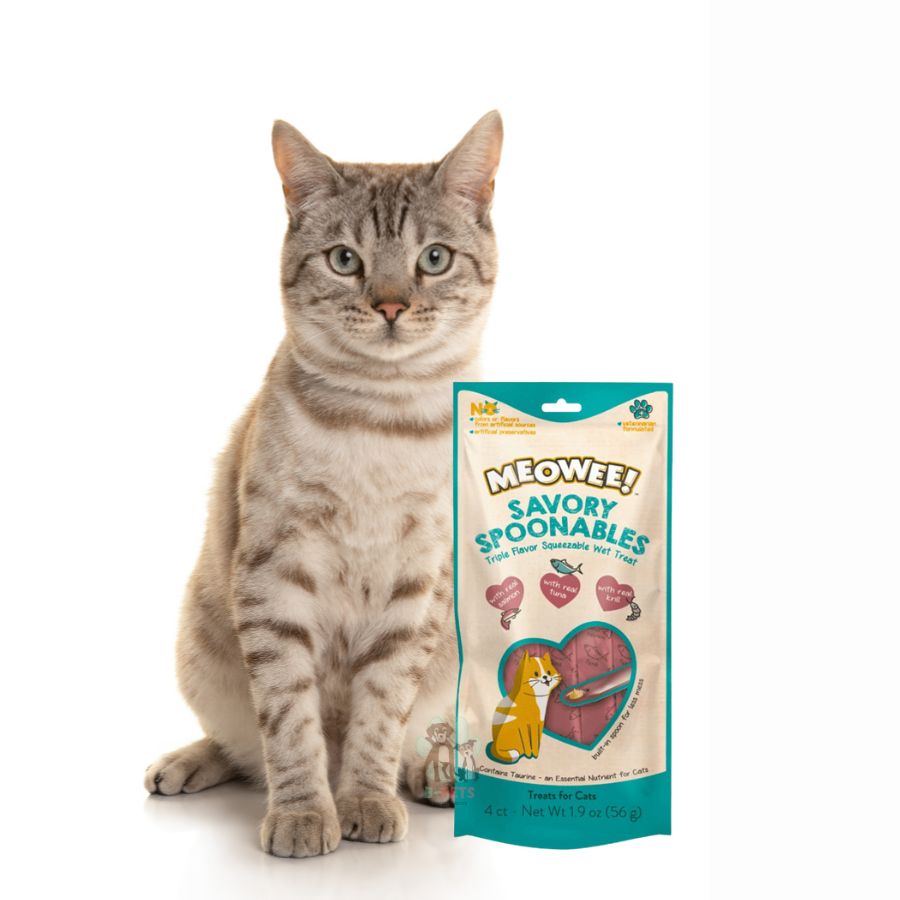 Pack 6x Meowee Salmon, Atun y Camaron, golosina cremosa con cuchara incluida. Triple sabor, enriquecida con taurina y sin ingredientes artificiales.