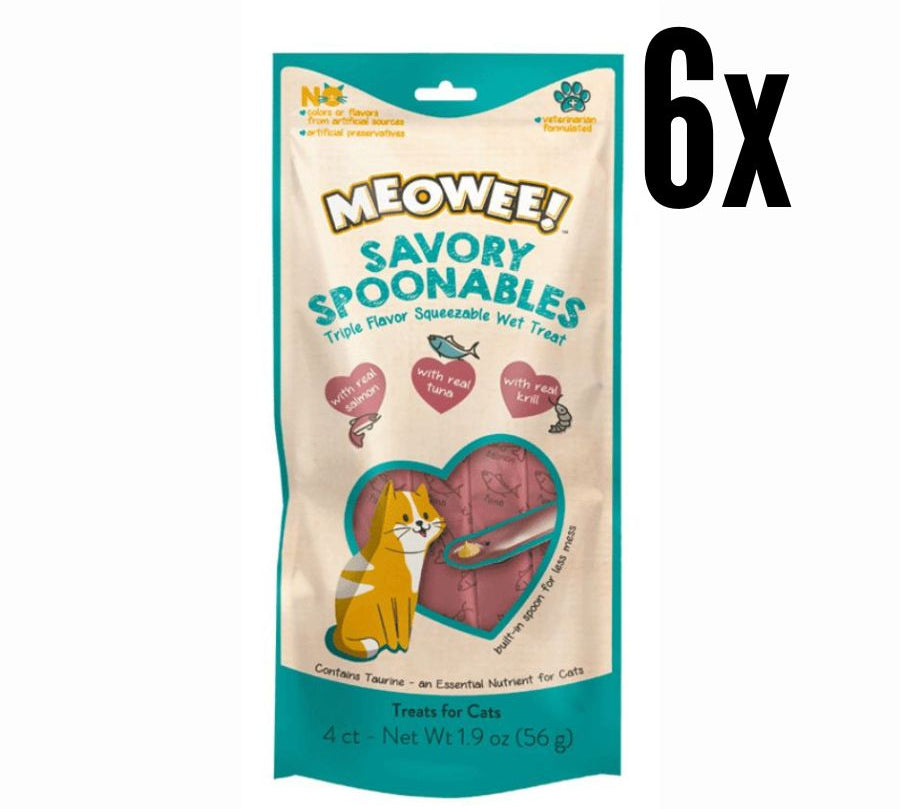 Pack 6x Meowee Salmon, Atun y Camaron, golosina cremosa con cuchara incluida. Triple sabor, enriquecida con taurina y sin ingredientes artificiales.