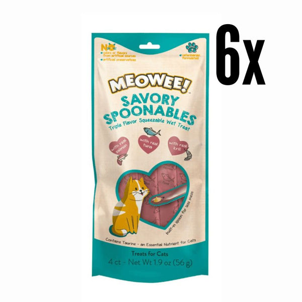 Pack 6x Meowee Salmon, Atun y Camaron, golosina cremosa con cuchara incluida. Triple sabor, enriquecida con taurina y sin ingredientes artificiales.