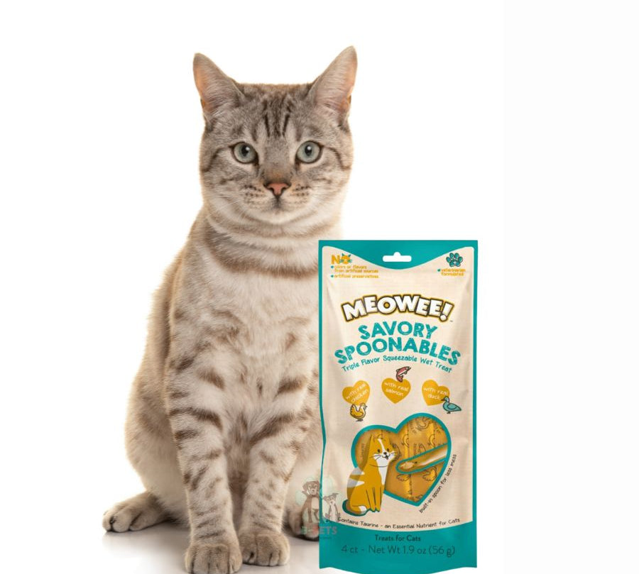 Meowee Pollo, Salmón y Pato, golosina cremosa con cuchara incluida. Triple sabor, enriquecida con taurina y sin ingredientes artificiales.