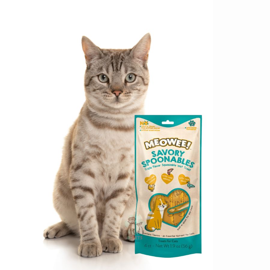 Meowee Pollo, Salmón y Pato, golosina cremosa con cuchara incluida. Triple sabor, enriquecida con taurina y sin ingredientes artificiales.