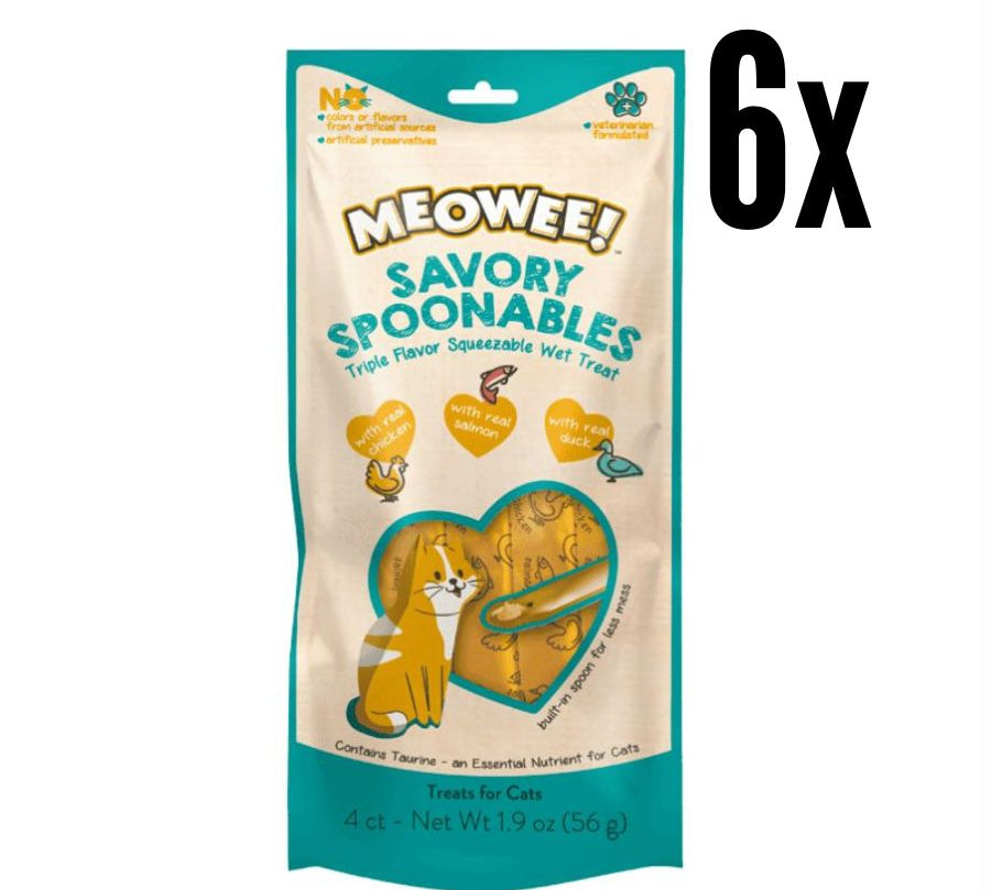 Meowee Pollo, Salmón y Pato, golosina cremosa con cuchara incluida. Triple sabor, enriquecida con taurina y sin ingredientes artificiales.