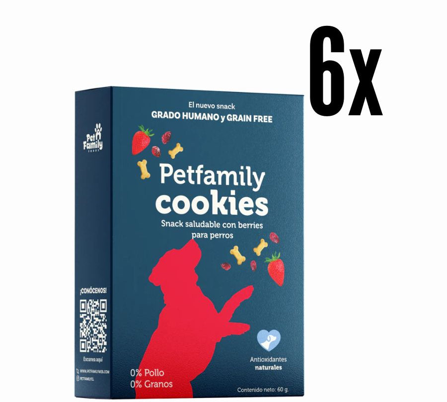 Pack 6x PetFamily Cookies Snack Saludable con Berries para Perros, galletas suaves, naturales y aptas para humanos, sin azúcar añadida ni colorantes.