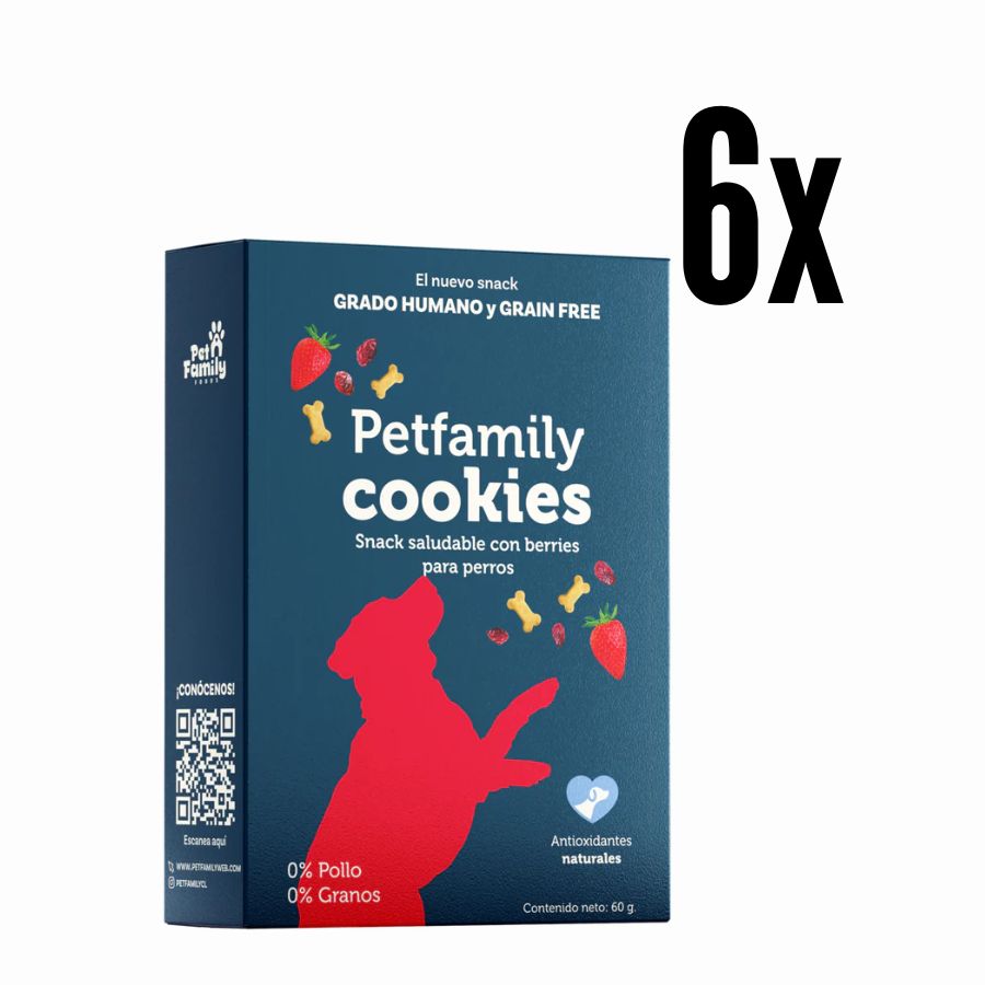 Pack 6x PetFamily Cookies Snack Saludable con Berries para Perros, galletas suaves, naturales y aptas para humanos, sin azúcar añadida ni colorantes.