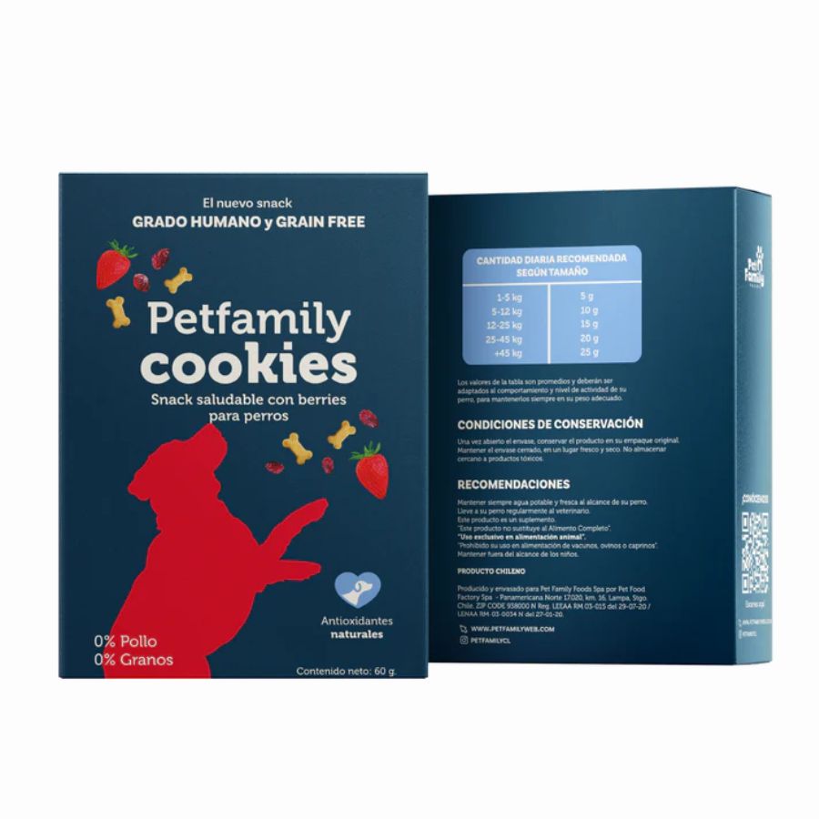 Pack 6x PetFamily Cookies Snack Saludable con Berries para Perros, galletas suaves, naturales y aptas para humanos, sin azúcar añadida ni colorantes.