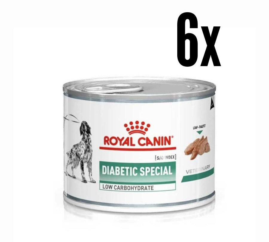 Pack 6x Royal Canin Diabetic Perro Lata ayuda a regular la glucosa en perros diabéticos, con bajo almidón, alto contenido proteico y antioxidantes esenciales.