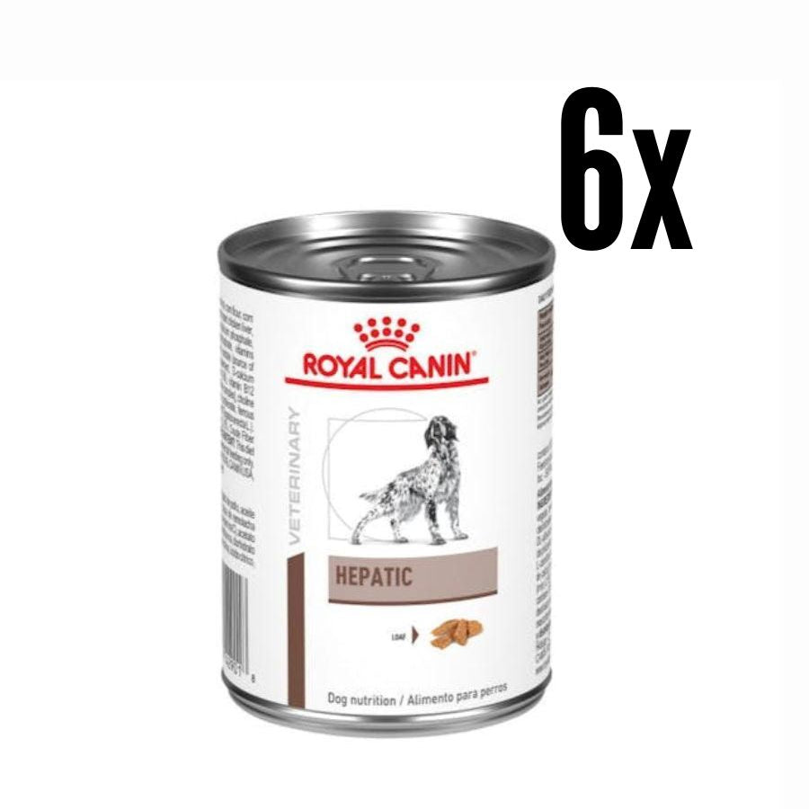 Pack 6x Royal Canin Hepatic Perro Lata, alimento terapéutico bajo en cobre y alto en energía, ideal para perros con problemas hepáticos.