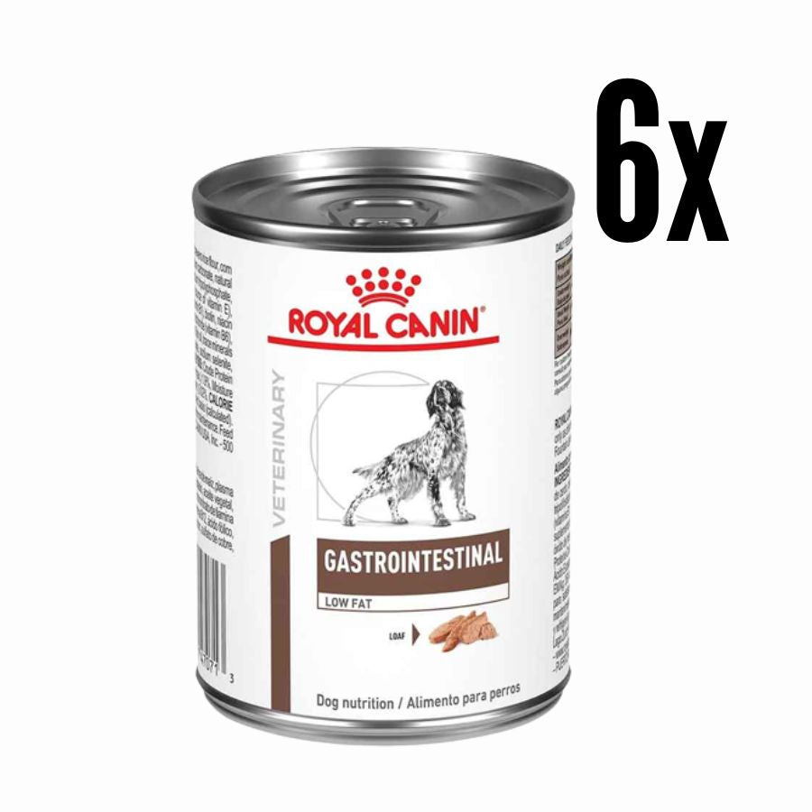 Pack 6x Royal Canin Lata Gastrointestinal Perro 385Gr, alimento húmedo de alta digestibilidad, ideal para perros con sensibilidad digestiva o en recuperación.