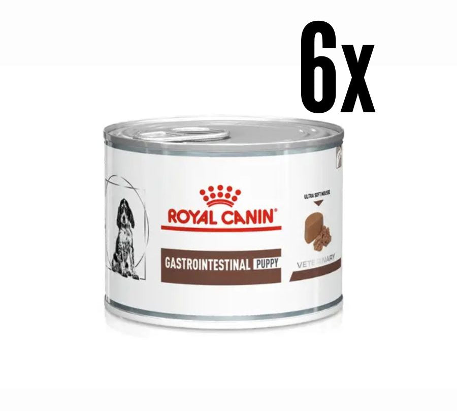 Pack 6x Royal Canin Lata Gastrointestinal Puppy 195g alimento húmedo digestible y energético para cachorros con sensibilidad gastrointestinal.
